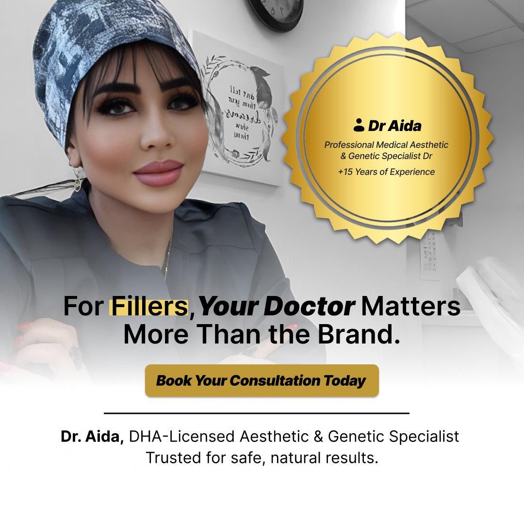 Dr Aida, an aesthetic medicine physician, smiling softly in a softly lit powder-pink consultation room