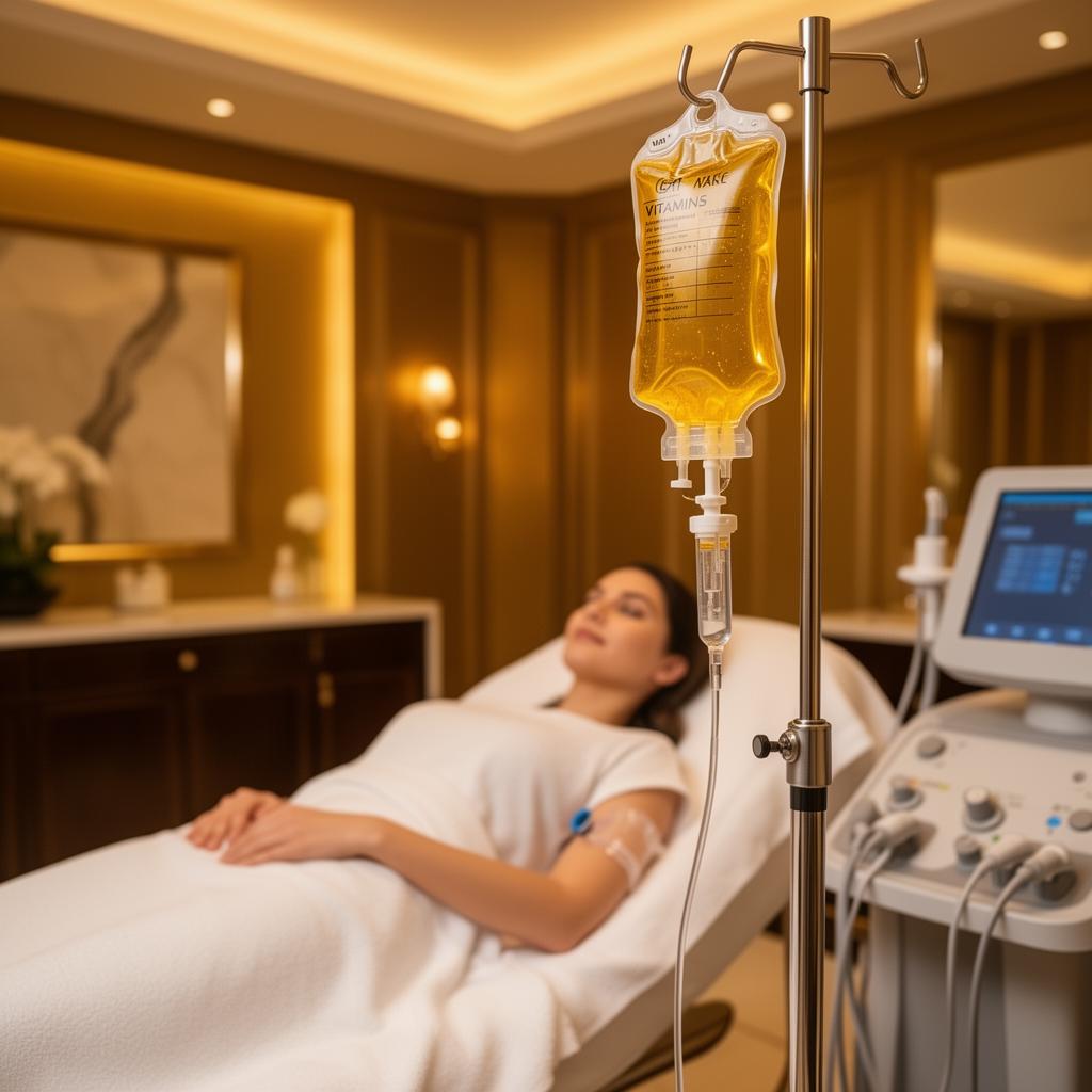 IV drip station in a softly lit clinic room